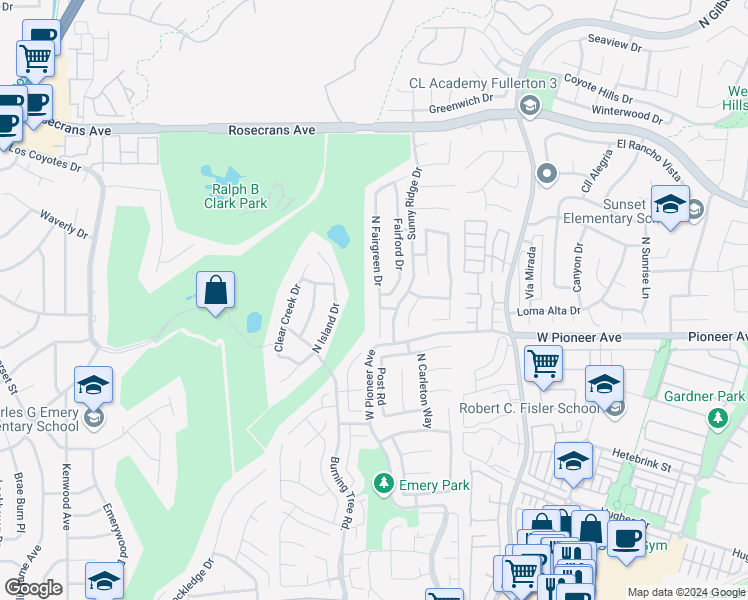 map of restaurants, bars, coffee shops, grocery stores, and more near 1607 North Fairgreen Drive in Fullerton