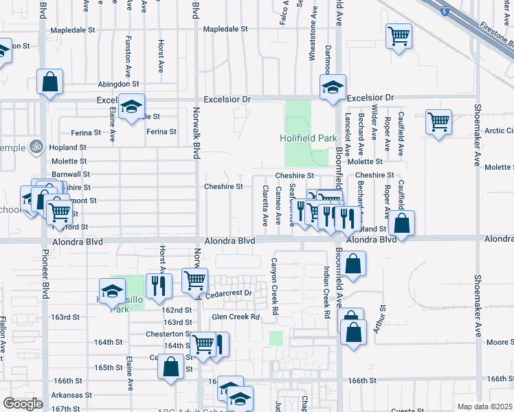 map of restaurants, bars, coffee shops, grocery stores, and more near 15617 Madris Avenue in Norwalk