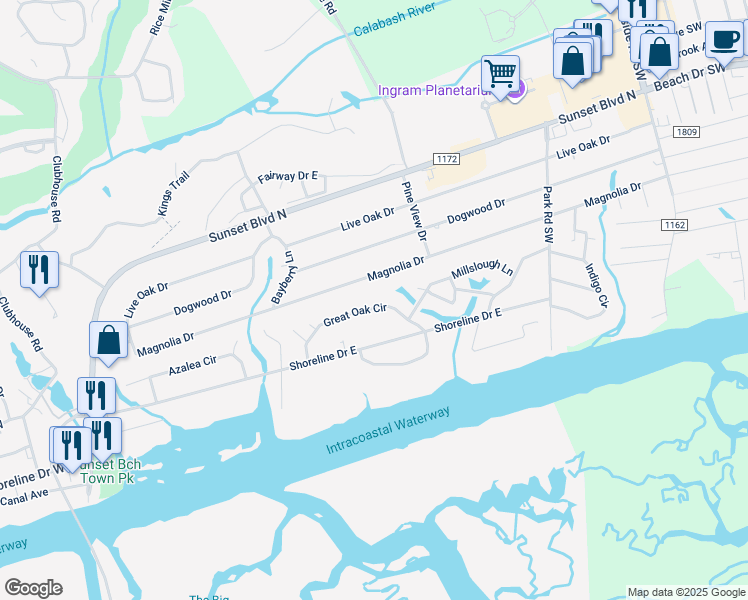 map of restaurants, bars, coffee shops, grocery stores, and more near 529 Great Oak Circle in Sunset Beach