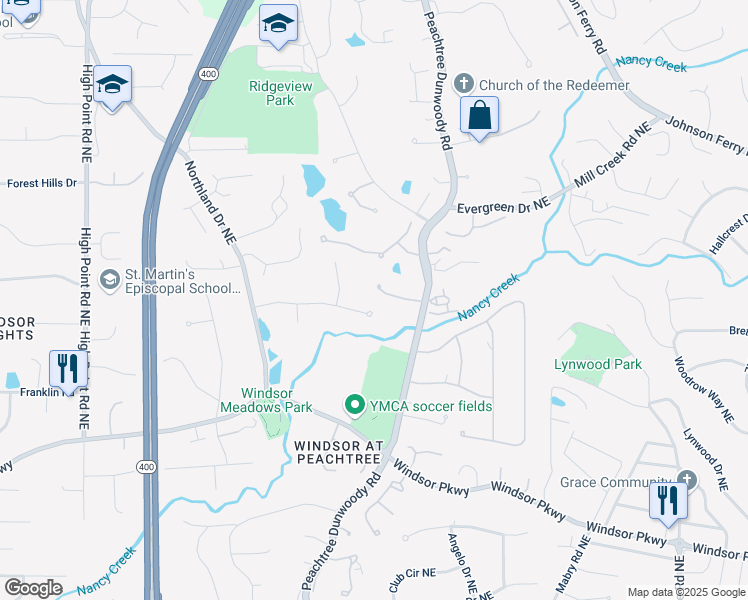 map of restaurants, bars, coffee shops, grocery stores, and more near 960 Landmark Drive Northeast in Atlanta
