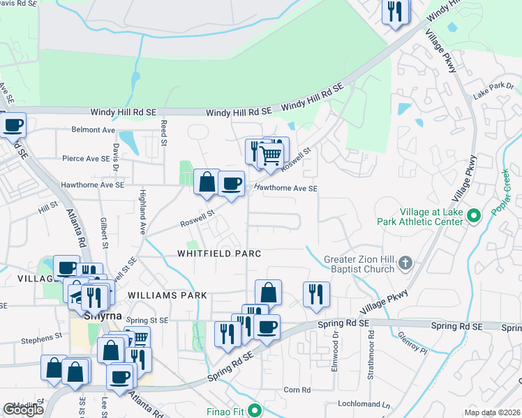 map of restaurants, bars, coffee shops, grocery stores, and more near 1417 Springleaf Circle Southeast in Smyrna