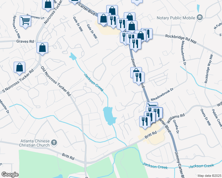 map of restaurants, bars, coffee shops, grocery stores, and more near 1168 Forest Vale Lane in Norcross