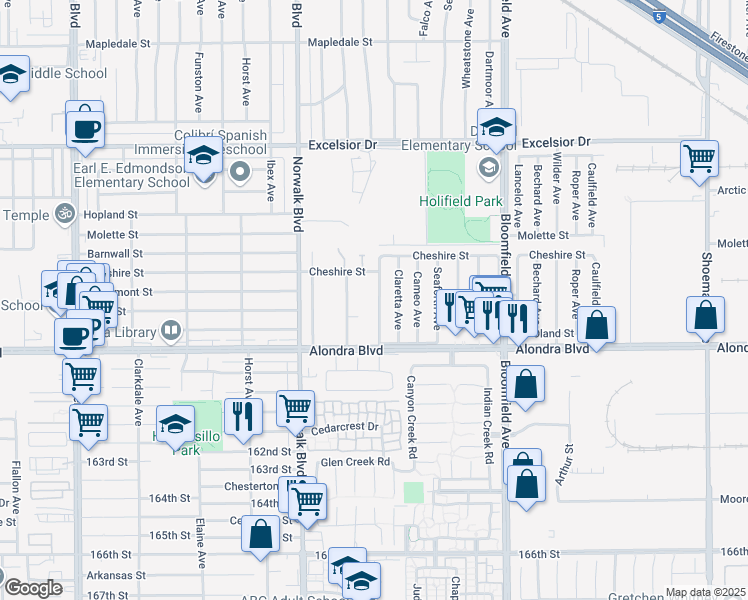 map of restaurants, bars, coffee shops, grocery stores, and more near 15617 Madris Avenue in Norwalk