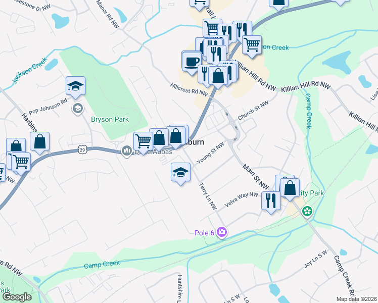 map of restaurants, bars, coffee shops, grocery stores, and more near 296 Pine Street Northwest in Lilburn
