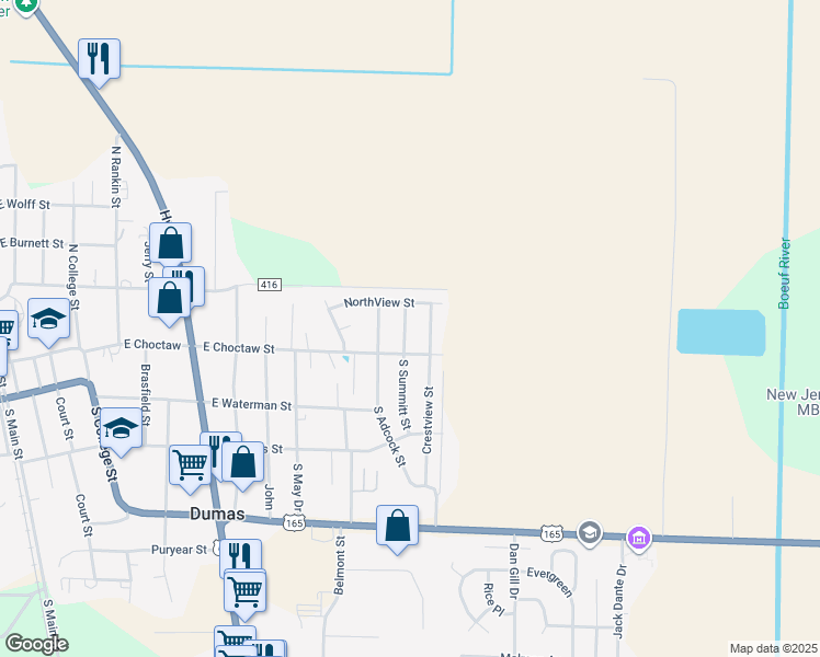 map of restaurants, bars, coffee shops, grocery stores, and more near 112 North Summitt Street in Dumas