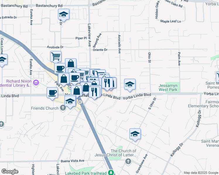 map of restaurants, bars, coffee shops, grocery stores, and more near 18613 Yorba Linda Boulevard in Yorba Linda
