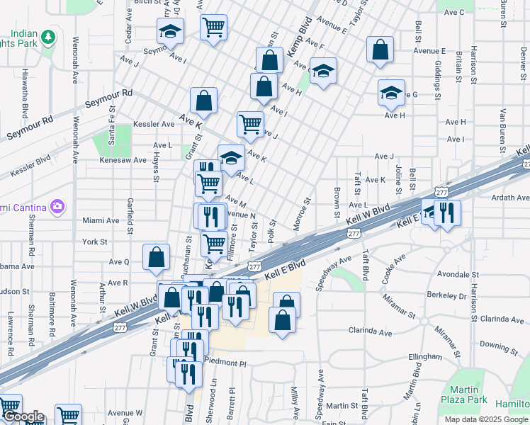 map of restaurants, bars, coffee shops, grocery stores, and more near 2306 Avenue M in Wichita Falls
