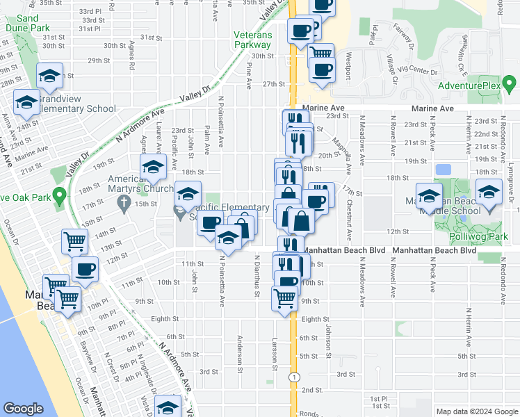 map of restaurants, bars, coffee shops, grocery stores, and more near 1417 Elm Avenue in Manhattan Beach