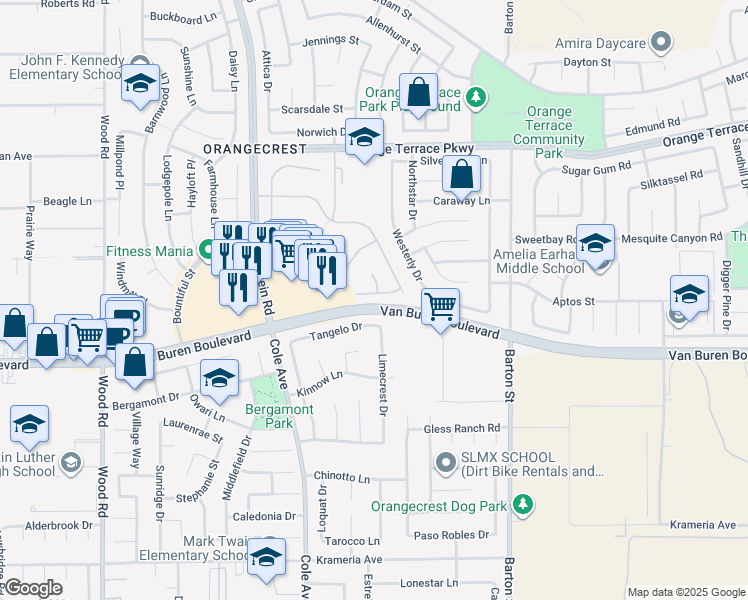 map of restaurants, bars, coffee shops, grocery stores, and more near 19652 Capital Peak Lane in Riverside