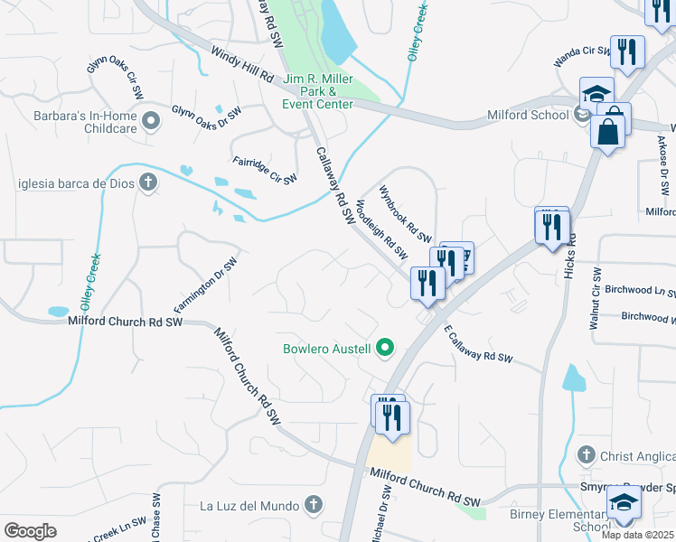 map of restaurants, bars, coffee shops, grocery stores, and more near 2630 Windage Drive in Marietta
