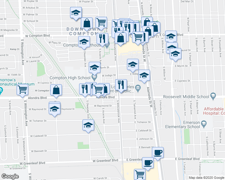 map of restaurants, bars, coffee shops, grocery stores, and more near 113 West Cocoa Street in Compton