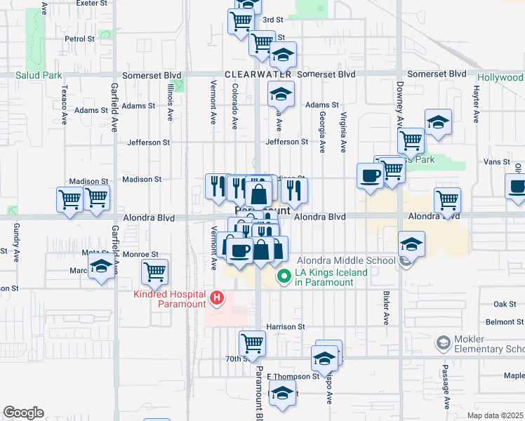 map of restaurants, bars, coffee shops, grocery stores, and more near 15325 Orange Avenue in Paramount