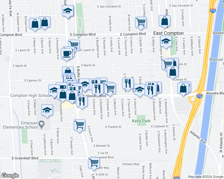map of restaurants, bars, coffee shops, grocery stores, and more near 807 South Holly Avenue in Compton