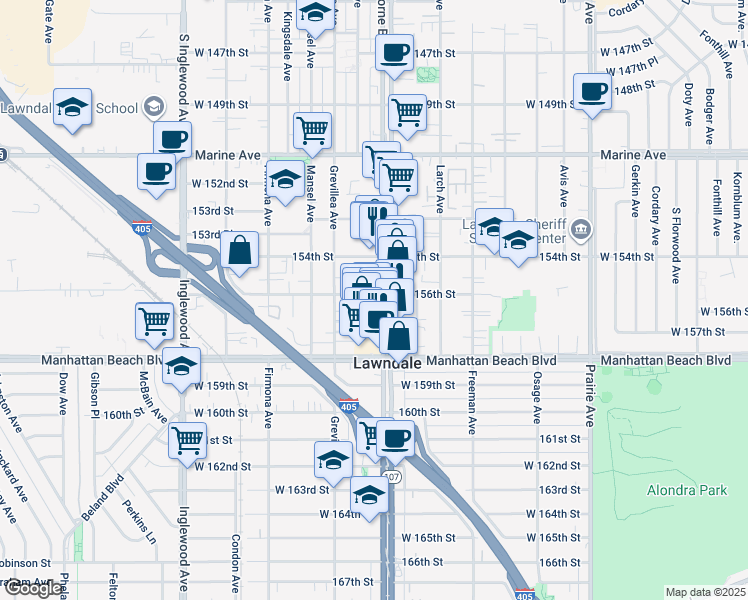 map of restaurants, bars, coffee shops, grocery stores, and more near 15603 Hawthorne Boulevard in Lawndale