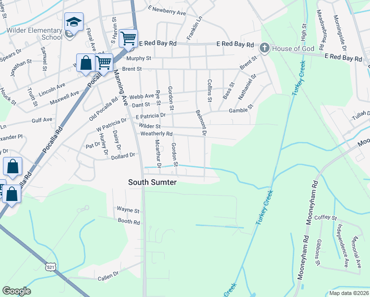 map of restaurants, bars, coffee shops, grocery stores, and more near 1120 Gilbert Street in Sumter