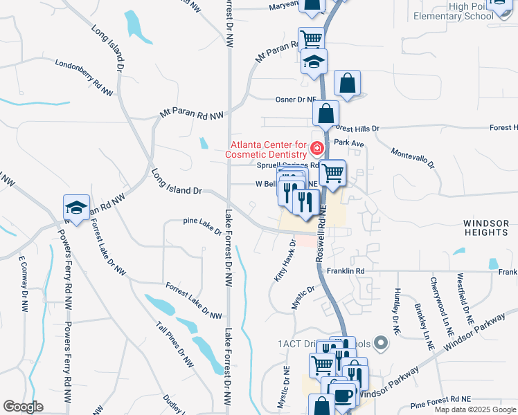 map of restaurants, bars, coffee shops, grocery stores, and more near 335 Fountain Oaks Lane in Atlanta