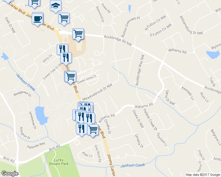 map of restaurants, bars, coffee shops, grocery stores, and more near 6072 Meadowbrook Drive in Norcross