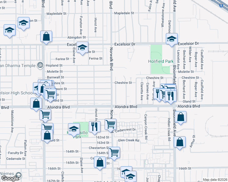 map of restaurants, bars, coffee shops, grocery stores, and more near 15603 Thornlake Avenue in Norwalk