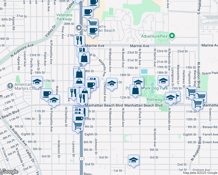 map of restaurants, bars, coffee shops, grocery stores, and more near 1509 North Meadows Avenue in Manhattan Beach