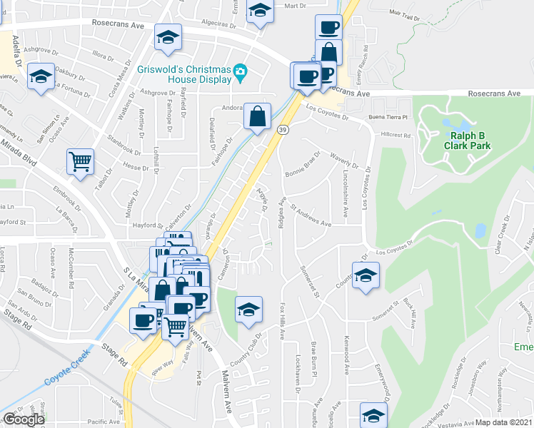 map of restaurants, bars, coffee shops, grocery stores, and more near 4904 Argyle Drive in Buena Park