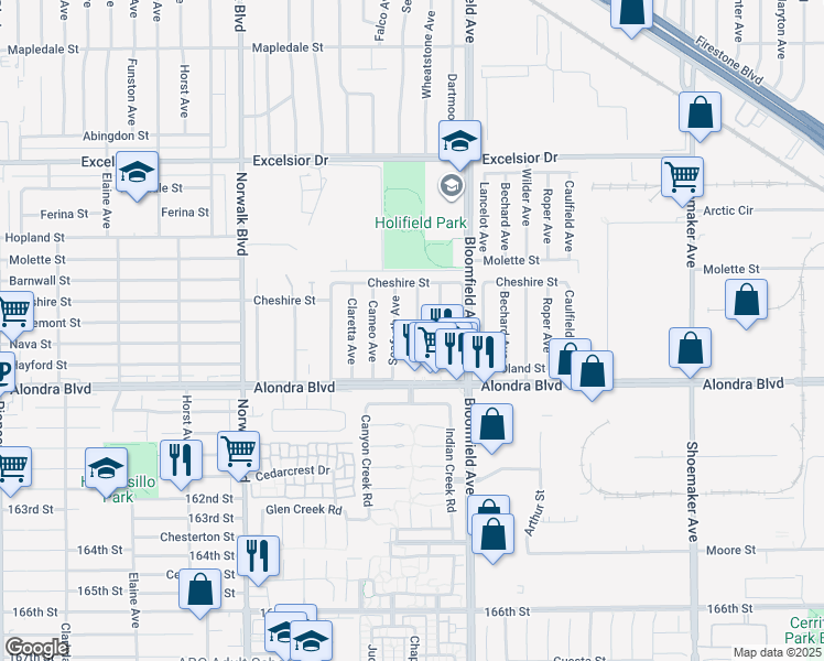 map of restaurants, bars, coffee shops, grocery stores, and more near 15619 Wheatstone Avenue in Norwalk