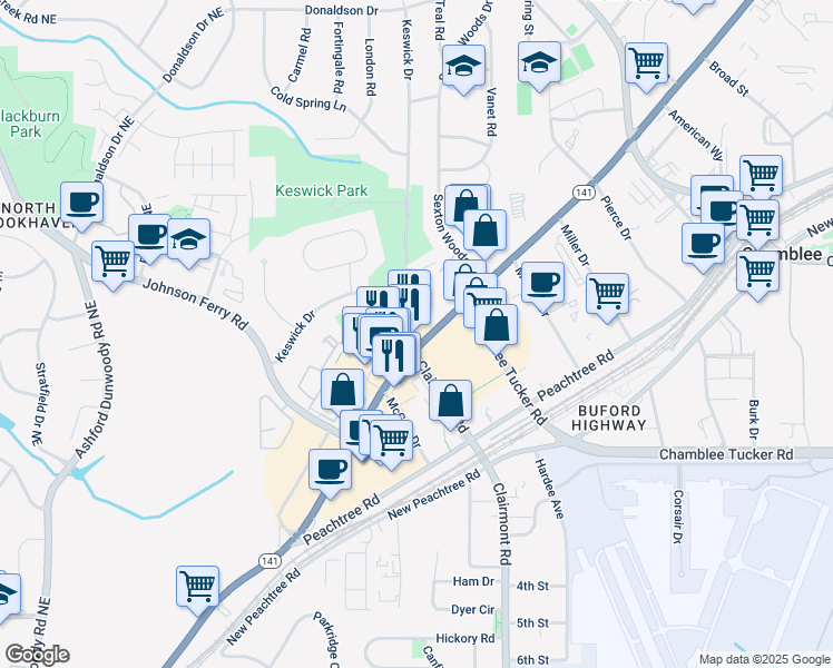 map of restaurants, bars, coffee shops, grocery stores, and more near 5120 Peachtree Industrial Boulevard in Atlanta