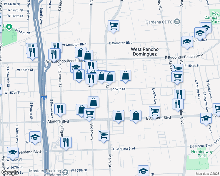 map of restaurants, bars, coffee shops, grocery stores, and more near 15626 Main Street in Gardena
