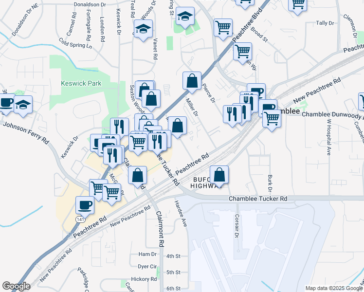 map of restaurants, bars, coffee shops, grocery stores, and more near 3400 Malone Drive in Atlanta