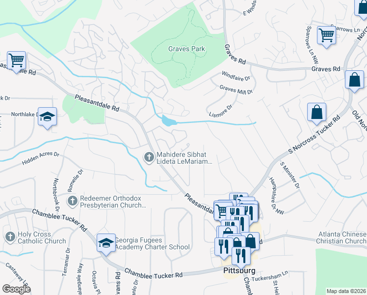 map of restaurants, bars, coffee shops, grocery stores, and more near 3843 Woodridge Way in Tucker