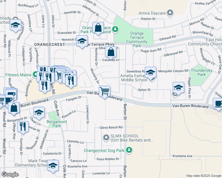 map of restaurants, bars, coffee shops, grocery stores, and more near 19966 Westerly Drive in Riverside