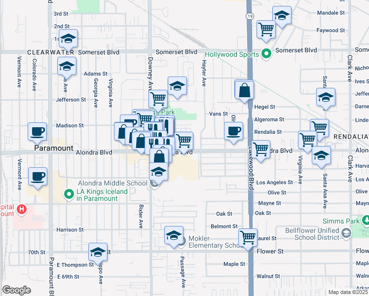 map of restaurants, bars, coffee shops, grocery stores, and more near 15820 Passage Avenue in Paramount