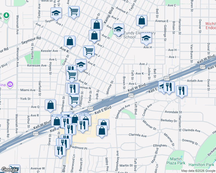 map of restaurants, bars, coffee shops, grocery stores, and more near 2207 Polk Street in Wichita Falls