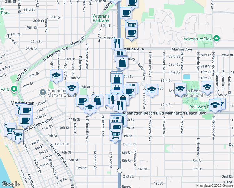 map of restaurants, bars, coffee shops, grocery stores, and more near 1413 North Sepulveda Boulevard in Manhattan Beach