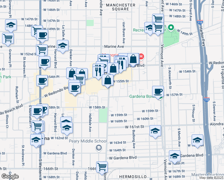 map of restaurants, bars, coffee shops, grocery stores, and more near 15610 Normandie Avenue in Gardena