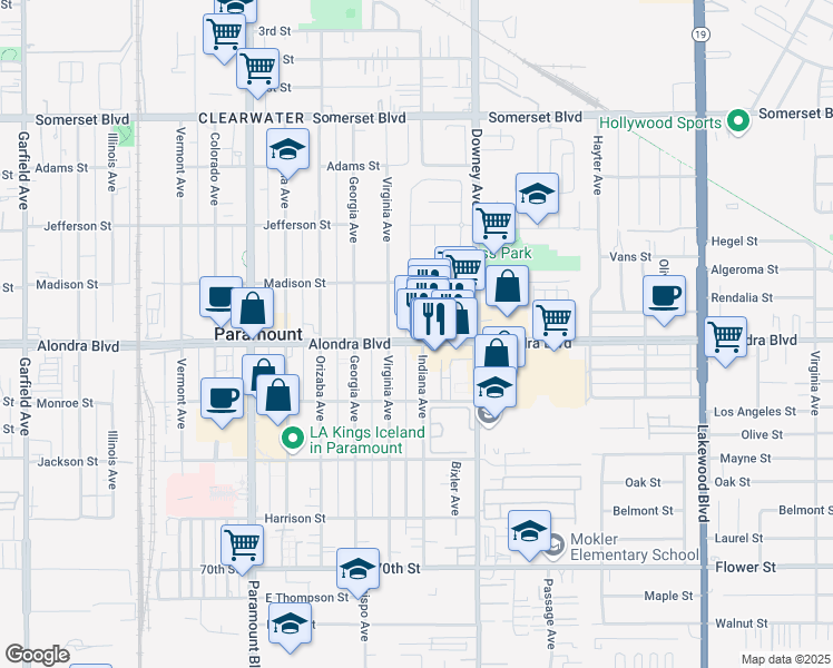 map of restaurants, bars, coffee shops, grocery stores, and more near 8329 Alondra Boulevard in Paramount