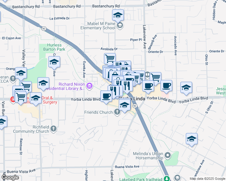 map of restaurants, bars, coffee shops, grocery stores, and more near 4922 Park Place in Yorba Linda