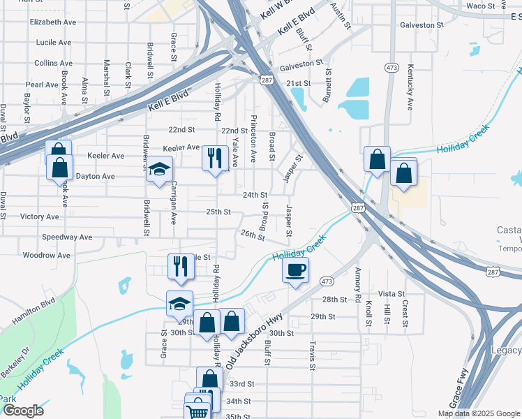 map of restaurants, bars, coffee shops, grocery stores, and more near 2404 Broad Street in Wichita Falls