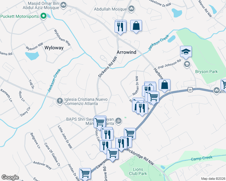 map of restaurants, bars, coffee shops, grocery stores, and more near 561 Candlewick Lane Northwest in Lilburn