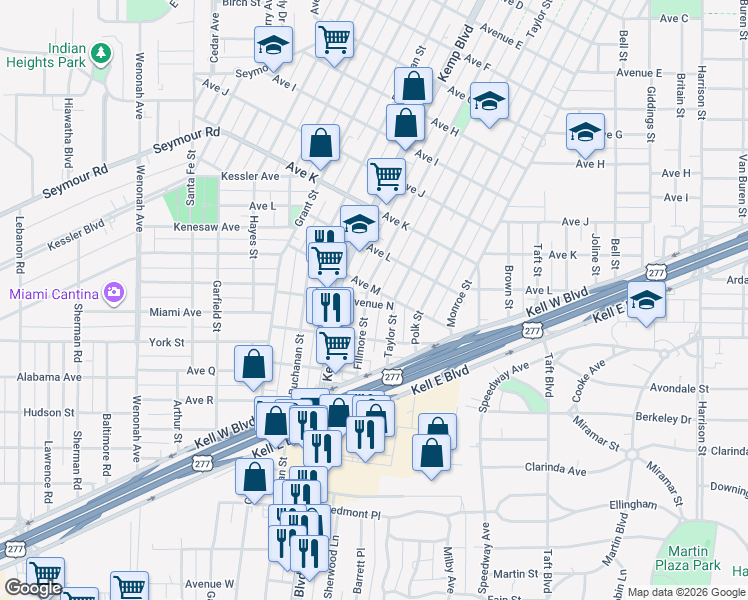 map of restaurants, bars, coffee shops, grocery stores, and more near 2303 Fillmore Street in Wichita Falls