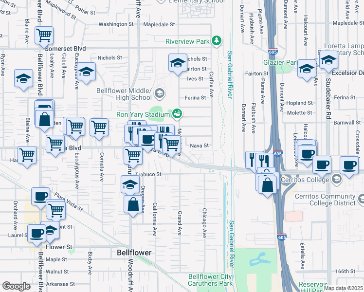 map of restaurants, bars, coffee shops, grocery stores, and more near 10422 Nava Street in Bellflower