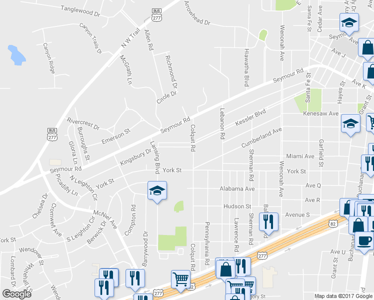 map of restaurants, bars, coffee shops, grocery stores, and more near 4005 Kingsbury Drive in Wichita Falls