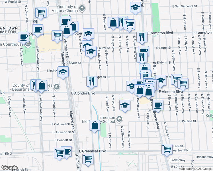map of restaurants, bars, coffee shops, grocery stores, and more near 805 South Pearl Avenue in Compton