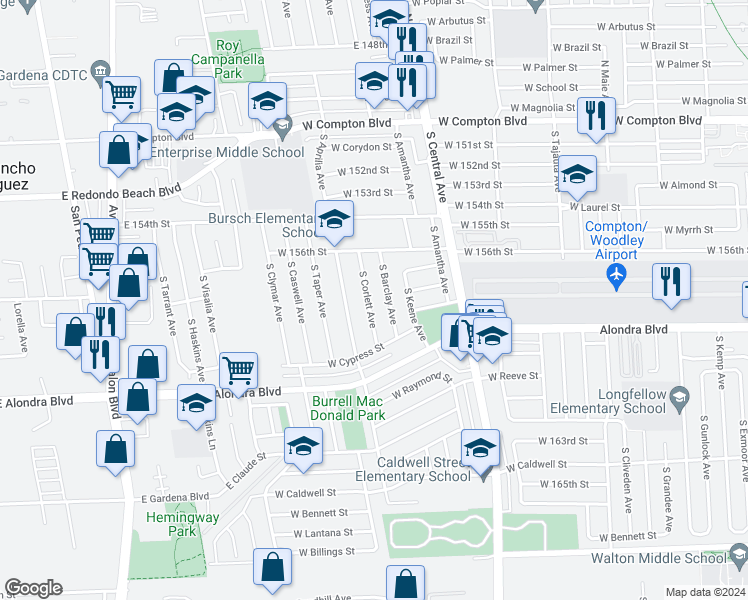 map of restaurants, bars, coffee shops, grocery stores, and more near 616 South Corlett Avenue in Compton