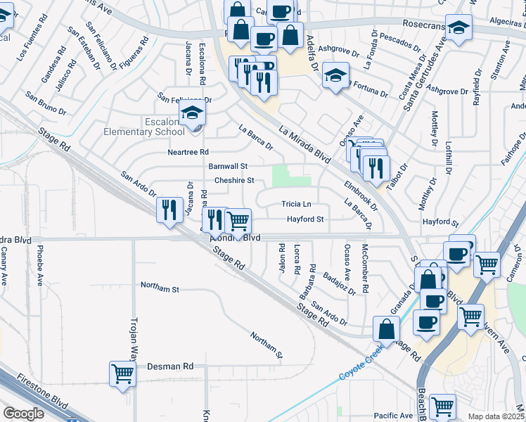 map of restaurants, bars, coffee shops, grocery stores, and more near 15605 Bluefield Avenue in La Mirada