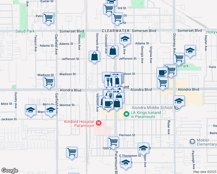 map of restaurants, bars, coffee shops, grocery stores, and more near 7907 Alondra Boulevard in Paramount