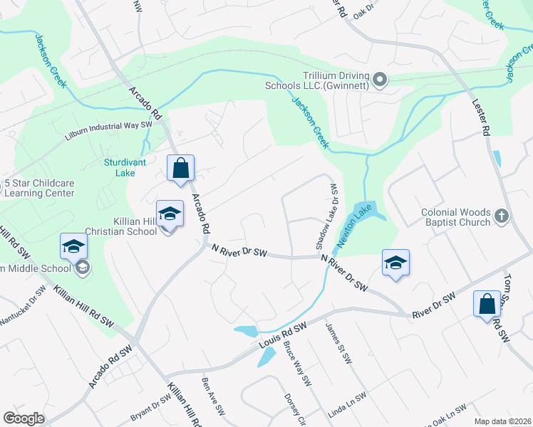 map of restaurants, bars, coffee shops, grocery stores, and more near 121 Newport Lane Southwest in Lilburn