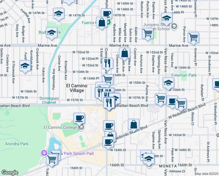 map of restaurants, bars, coffee shops, grocery stores, and more near 15530 Crenshaw Boulevard in Gardena