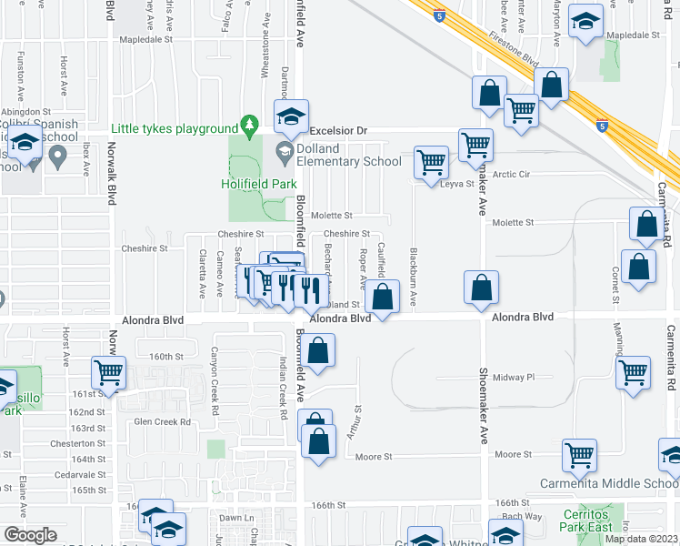 map of restaurants, bars, coffee shops, grocery stores, and more near 15603 Wilder Avenue in Norwalk