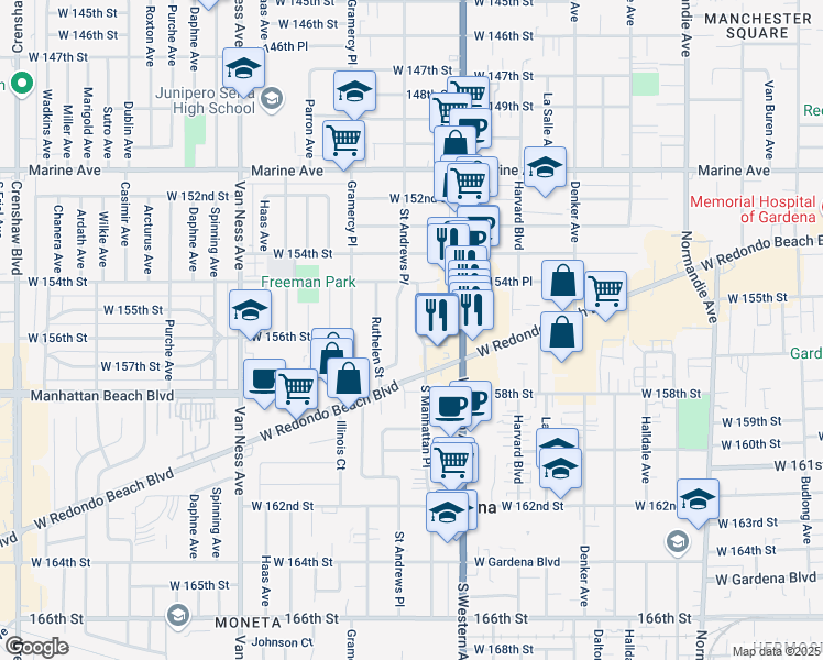 map of restaurants, bars, coffee shops, grocery stores, and more near 15603 South Manhattan Place in Gardena