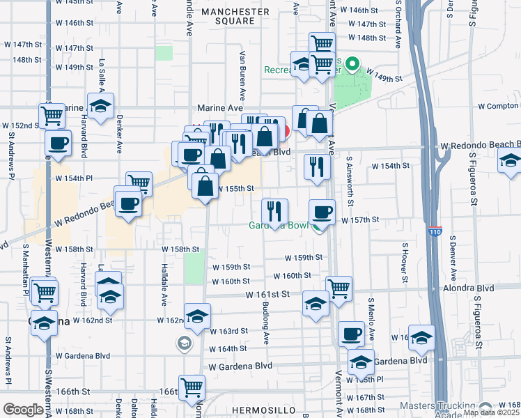 map of restaurants, bars, coffee shops, grocery stores, and more near 1203 156th Place in Gardena